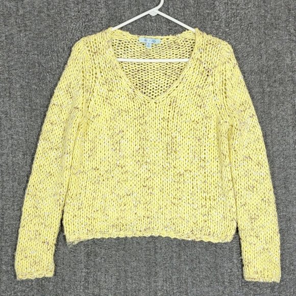 She + Sky Sweater Womens Small Yellow Long Sleeve V Neck Open Knit - Picture 1 of 10